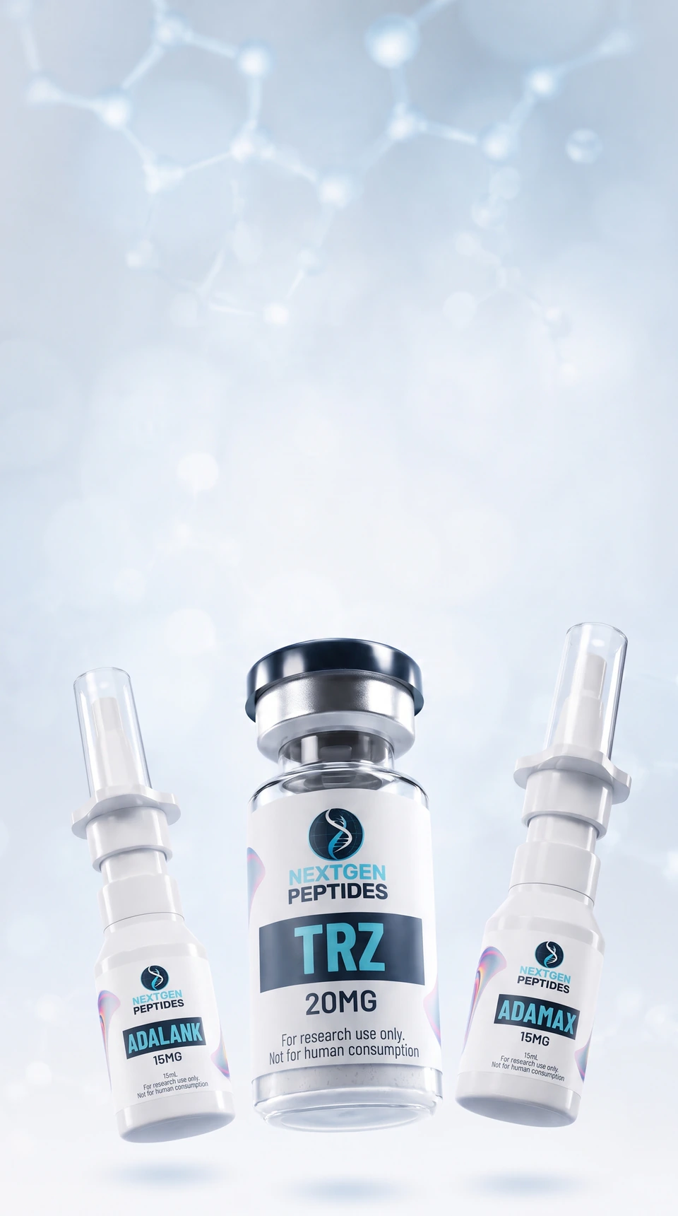 TRZ research vial displayed between Adalank and Adamax research sprays