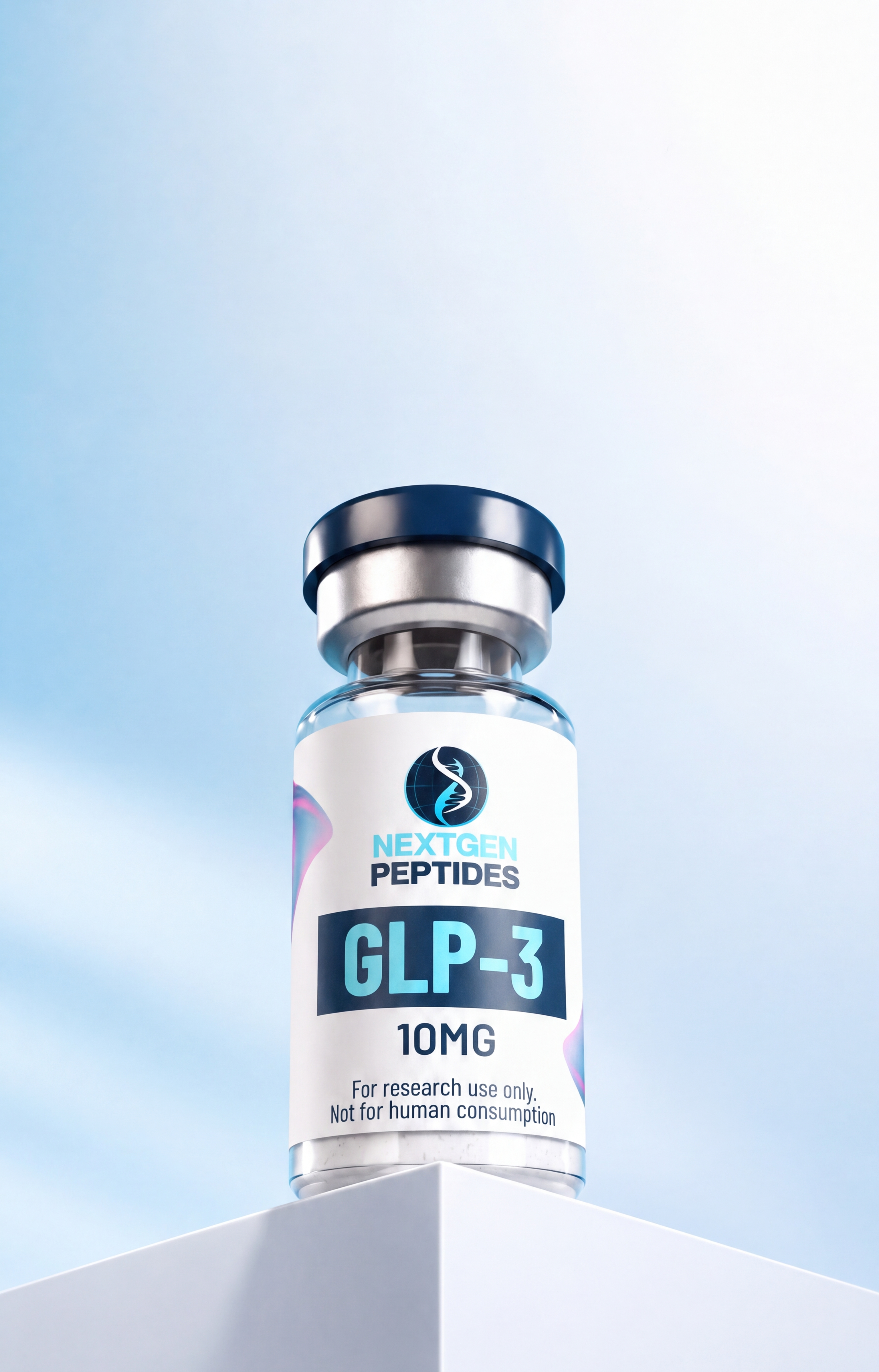GLP-3 10MG research vial displayed on a white presentation podium